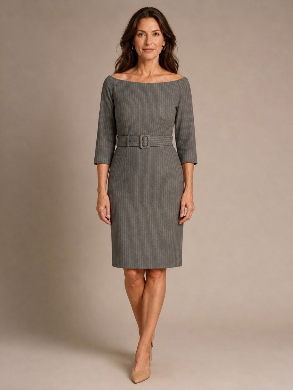 Gretchen Scott Bantau Dress Gray Pinstripe Classy Elegant Pencil L Stretch